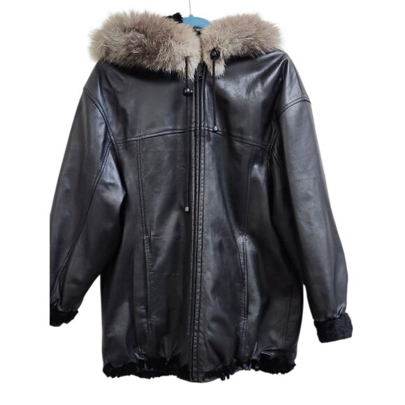 Woman's Dyed Black Sheared Mink Fur Parka Reversing to Black Leather M/L - Picture 3 of 16